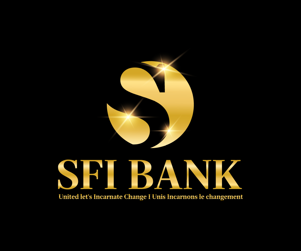 SFI LOGO A S IN A GOLDEN CIRCLE WITH SFI BANK WRITTEN IN GOLD AND TH SLOGAN UNITED LET'S INCARNATE CHANGE